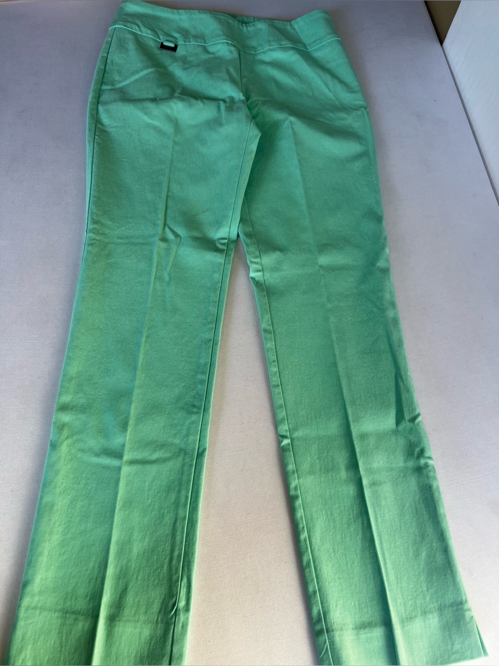 PECK & PECK PETITE STRETCH PANTS SZ 4 MINT GREEN STRAIGHT LEG W/SLIT AT HEMLINE - Picture 3 of 7